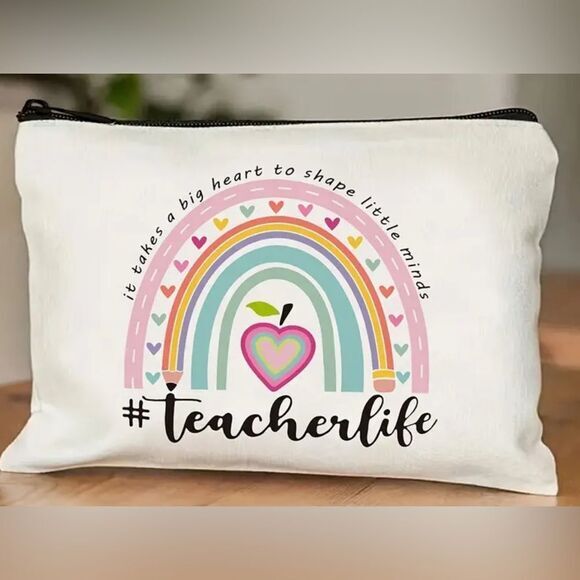 NWT - Cream Canvas Pouch with Rainbow Design Teacher Life- Makeup Bag Pencil Bag - Picture 1 of 5
